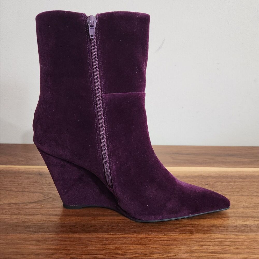 The Drop Gina Wedge Ankle Booties Purple Velvet Pointed Toe Zip Womens 9.5 - Picture 3 of 8